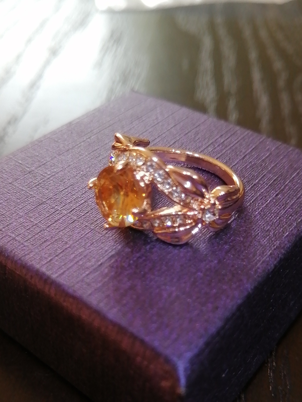 Citrine Colour Halo Ring with Sparkling Crystals Rose Gold Tone PinkyRing Size 5